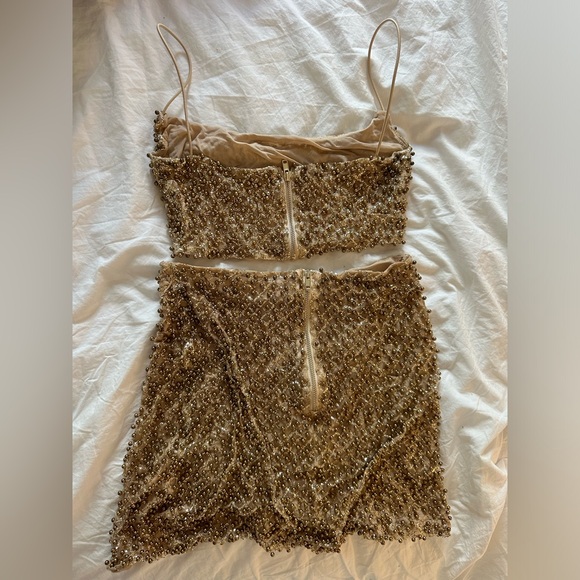 Oh Polly Drop a Glint Embellished Mini Skirt and Crop Top in Gold - Picture 4 of 6